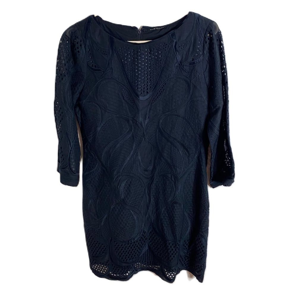 Elie Tahari Eyelet Cocktail Dress Sz 8 Navy Blue Long Sleeve